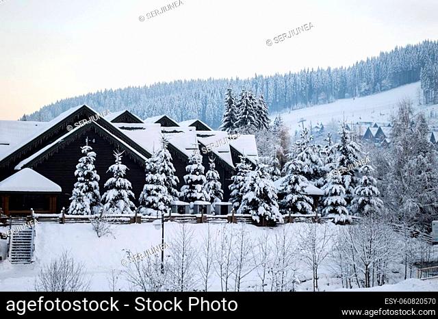 beautiful winter street Bukovel, the theme of mountain sports, skiing, Bukovel, Carpathian, mountains Ukraine, new year, Christmas, holidays