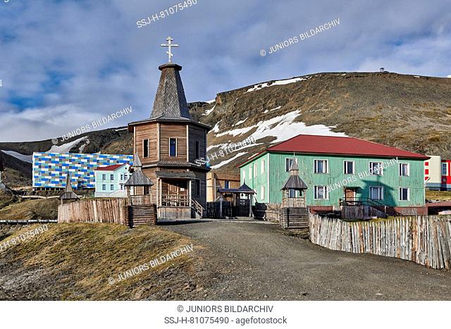 Wooden Orthodox Church in russian mining town Barentsburg. Svalbard, Norway