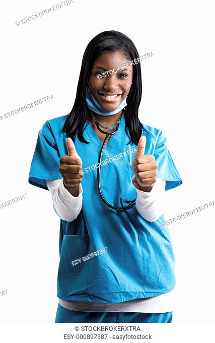 A happy african american nurse giving two thumbs up