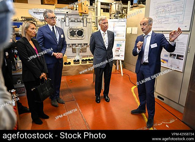 Defence minister Ludivine Dedonder, VKI CEO Peter Grognard and King Philippe - Filip of Belgium pictured during a royal visit to the von Karman Institute for...