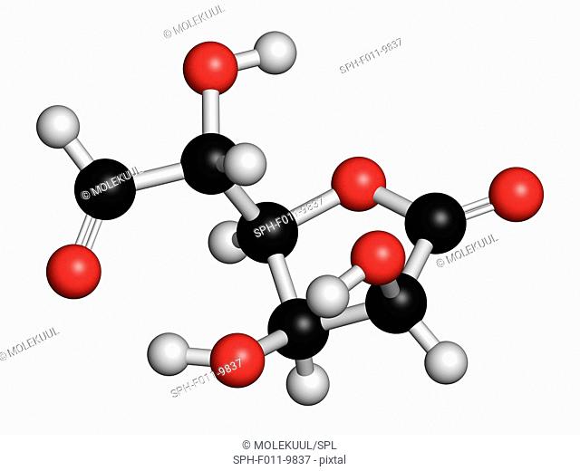 Glucuronolactone molecule. Used in food supplements and energy drinks. Atoms are represented as spheres with conventional colour coding: hydrogen (white)