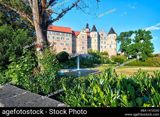 Bertholdsburg Castle, castle garden, museum, half-timbering, house facade, village view, summer, Schleusingen, Thuringia, Germany, Europe