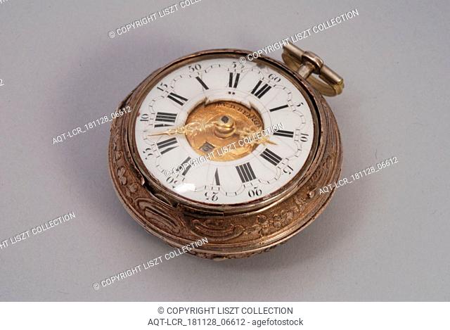 Pieter van den Bergh, Pocket watch with enamel dial with cut-out in the heart, with golden name and date disc with image and with gold hands and ajour outer...