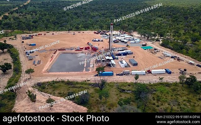 22 February 2021, Namibia, Kawe: The borehole in Kawe (aerial view with a drone). The Canadian company ReconAfrica is exploring for oil in northern Namibia