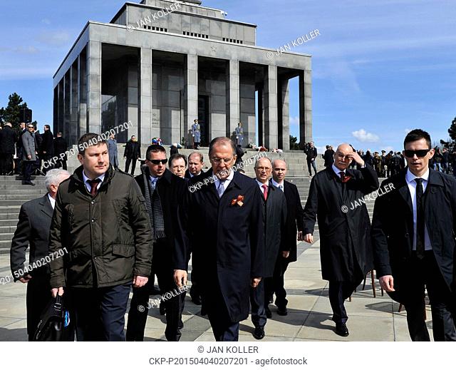 Russian Foreign Minister Sergey Lavrov, front, leaves after attending a ceremony commemorating a liberation of the Slovak capital by the Red Army in 1945 in...