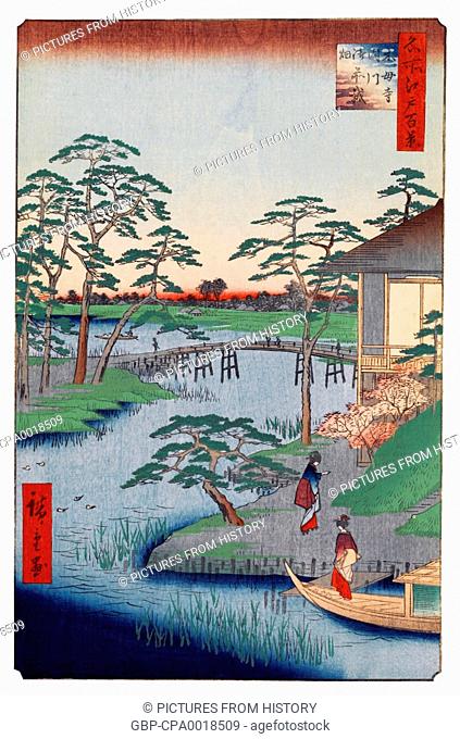 Japan: Autumn: Mokuboji Temple and Vegetable Fields on Uchigawa Inlet (?????????). Image 92 of '100 Famous Views of Edo'