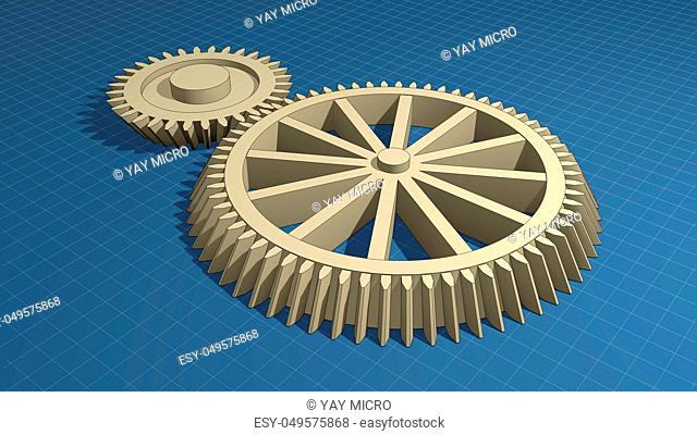 Blueprints and machine parts, gears. 3d illustration