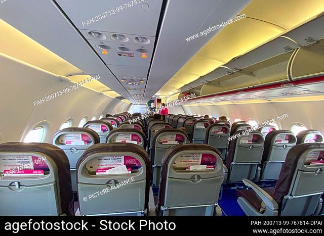 03 July 2020, Albania, Kruja: +++Minimum fee 10, - Euro+++Look into an almost empty machine (Airbus A320) of the airline ""Wizz Air"" at the airport ""Tirana...