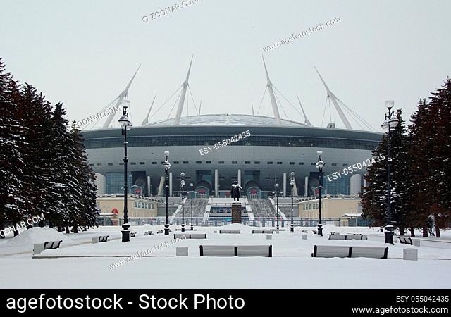Snow blizzard and stadium on the Krestovsky Island in St. Petersburg