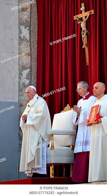 Pope Francis celebrates the Holy Mass in the churchyard of Santa Maria Consolatrice in the Roman suburban neighborhood of Casal Bertone for the Solemnity of the...
