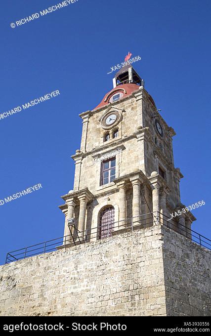 Medieval Roloi Clock Tower, Rhodes Old Town, Rhodes, Dodecanese Island Group, Greece