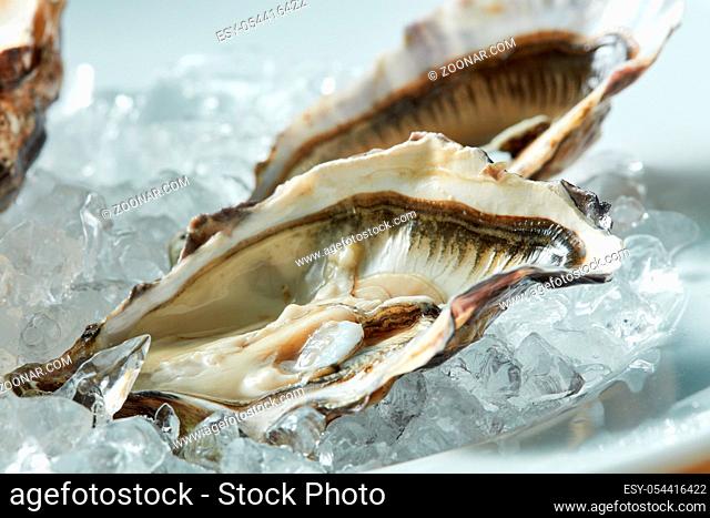A platter of fresh raw oysters on ice at an outdoor cafe