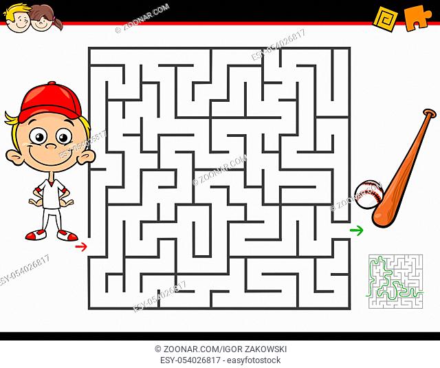 Cartoon Illustration of Education Maze or Labyrinth Activity Game for Children with Little Boy and Baseball