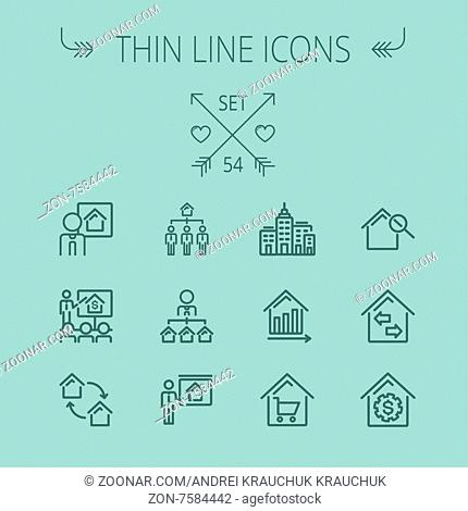 Real estate thin line icon set for web and mobile. Set includes- agents, training, seminar, building, growth graph, house with magnifying glass icons