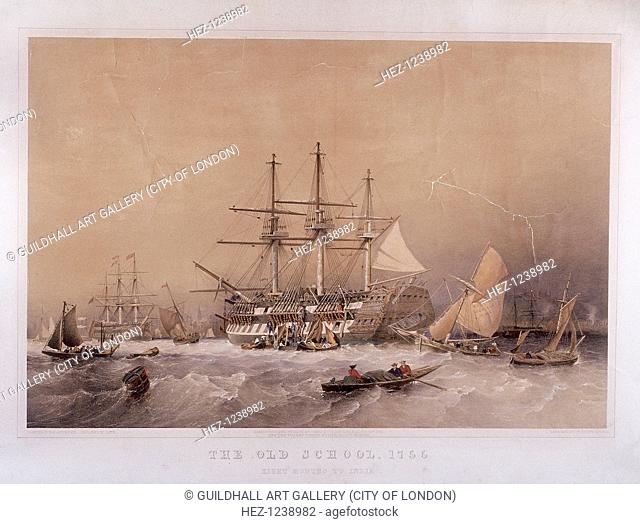 'The Old School, 1755: Eight months to India', 1855. A galleon with its sails furled is surrounded with smaller boats in choppy waters