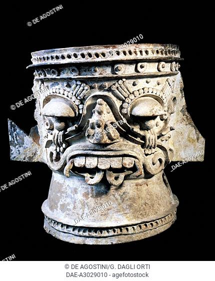 Brazier depicting Tlaloc, the rain god, terracotta. Aztec civilisation, 14th-16th century.  Mexico City, Museo Del Templo Mayor (Archaeological Museum)