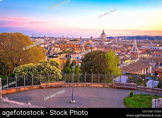 Eternal city of Rome. Rome rooftops and landmarks colorful sunset view, capital city of Italy