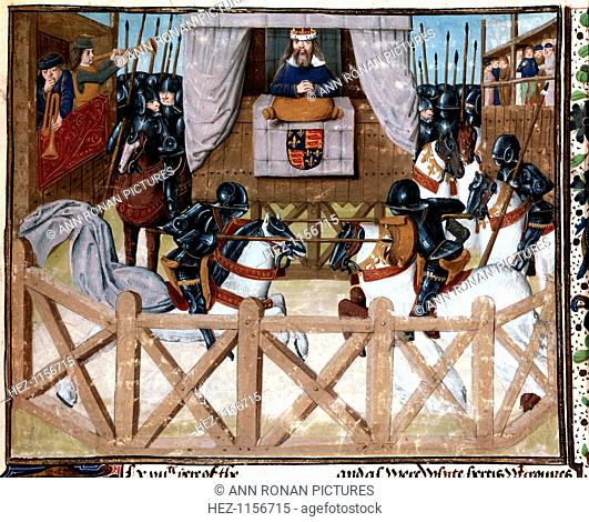 Richard II, King of England, presiding at a tournament, 1377-1379 (15th century). Watched by the king, mounted knights in armour joust with lances