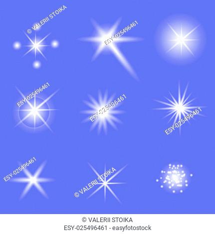 Set of Different White Lights Isolated on Blue Background