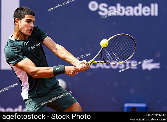 Carlos Alcaraz of Spain in action during of the Barcelona Open Banc Sabadell at the Real Club de Tenis Barcelona on April 22, 2022 in Barcelona, Spain
