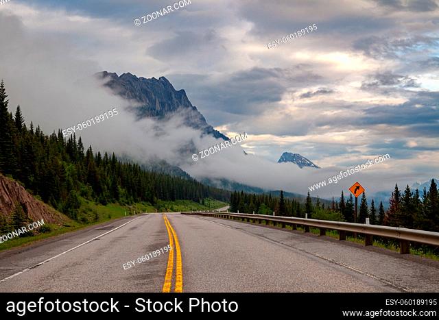 Highway 40 in Kananaskis Country, Alberta, Canada on a gloomy rainy day