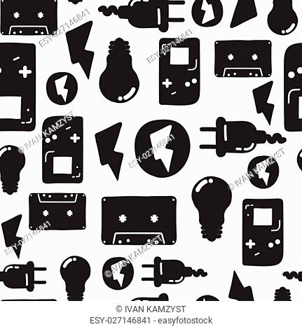 Universal vector fashion graffiti seamless pattern. Hand drawing repeated electrician instrument, design elements in black, white