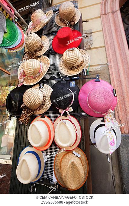 Hats for sale in the city centre, Atlantic Ocean, Cadiz City, Andalusia, Spain, Europe