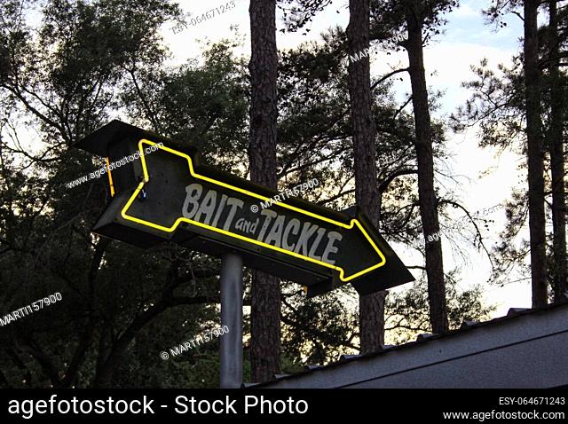 Vintage Neon Bait and Tackle Sign in Rural Area near Lake Tyler