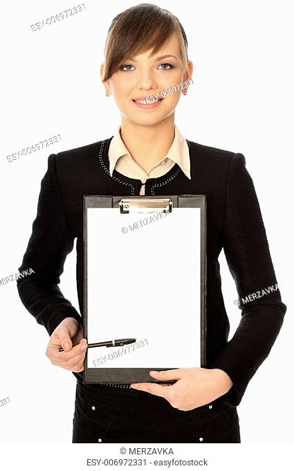 The manager with white blank paper in the hands making a presentation