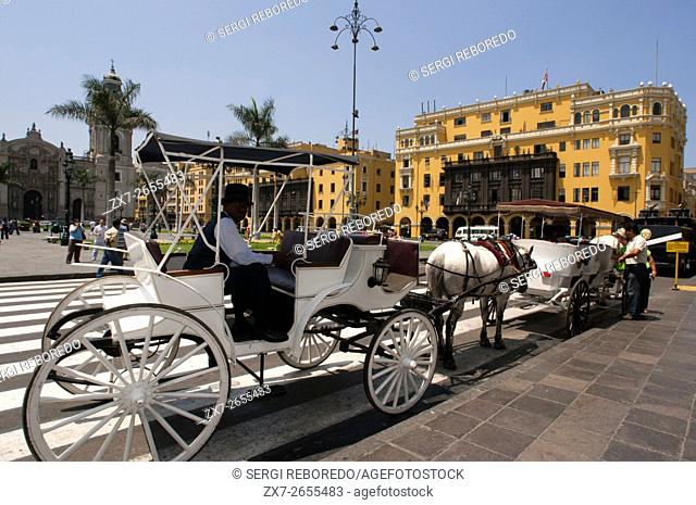 Horse ride carriage at Plaza de Armas square, Plaza Mayor, Peru, South America