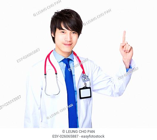 Doctor man showing finger point up