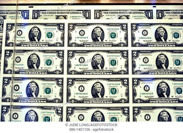 Uncut $2 Bills in sheet form, for sale at the US Bureau of Engraving and Printing gift shop, Washington, DC