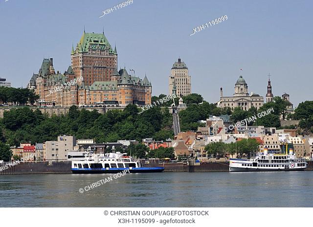 the Old City seen from the ferryboat on the Saint Lawrence River, Quebec city, Province of Quebec, Canada, North America