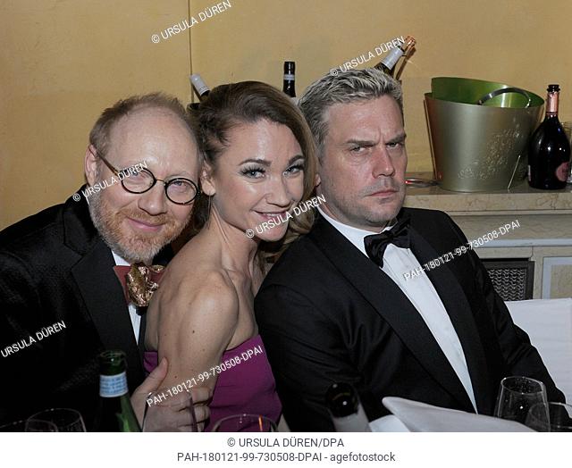 Actors Simon Schwarz (left to right), Lisa Maria Potthoff and Sebastian Bezzel celebrating at the 45th German Film Ball in the Bayerischer Hof in Munich