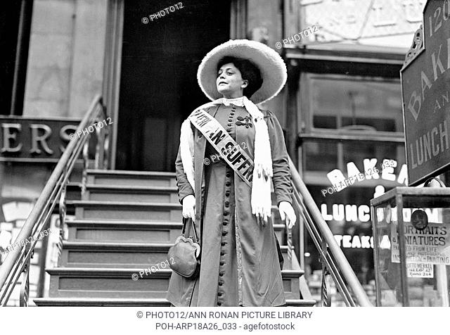 Photograph of Trixie Friganza, suffragette, descending steps, New York. Dated 1908