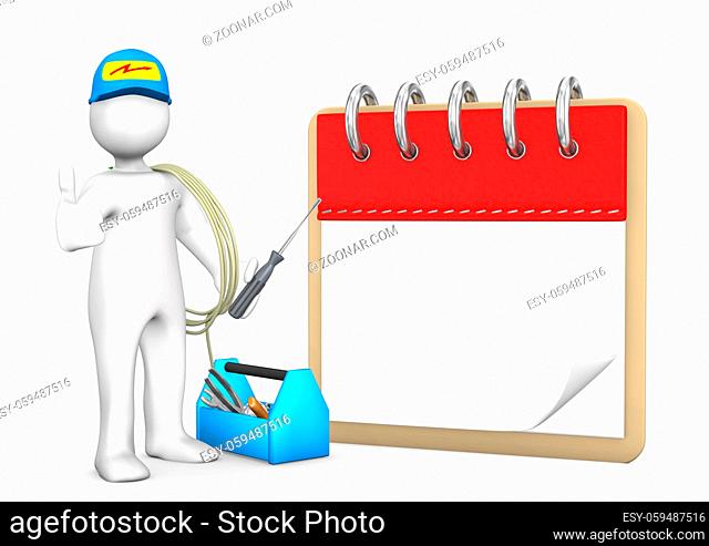 Electrician with tools on the white with notepad