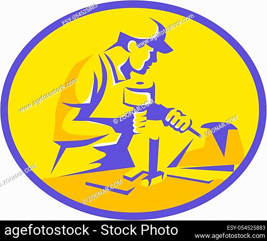 Illujstration of a stonemason with mallet and chisel carving marble stone viewed from the side set inside oval shape done in retro style