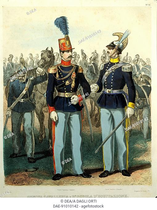Militaria, Italy, 20th century. Uniform of Colonel of Genoa Cavalry and of Captain of Royal Equestrian Academy. Print.  Pinerolo