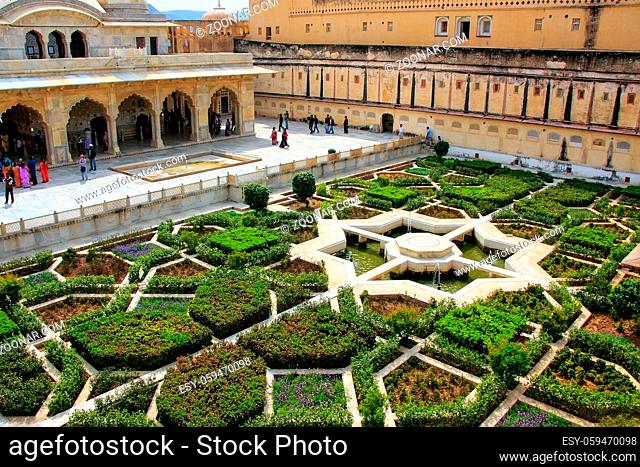 Charbagh garden in the third courtyard of Amber Fort, Rajasthan, India. Amber Fort is the main tourist attraction in the Jaipur area