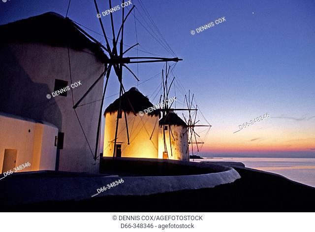 Windmills at sunset. Mykonos. Cyclades Islands, Greece