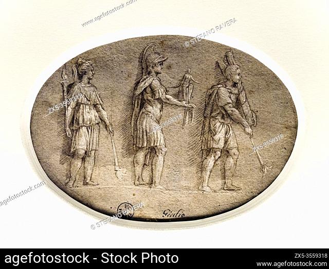 Studio di tre figure antiche (Littorio, Roma e Tedoforo) Study of three ancient figures (Littorio, Roma and Tedoforo) by Raffaello Sanzio known as Raffaello...