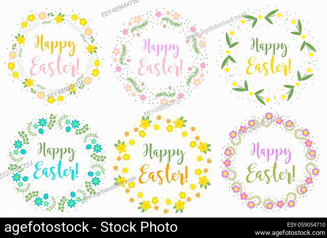 Happy Easter set floral frame for text, isolated on white background. illustration