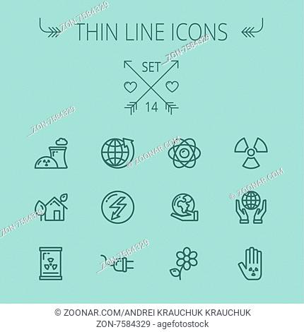 Ecology thin line icon set for web and mobile. Set includes - Global, flower, nuclear, atom, plug, plant icons. Modern minimalistic flat design