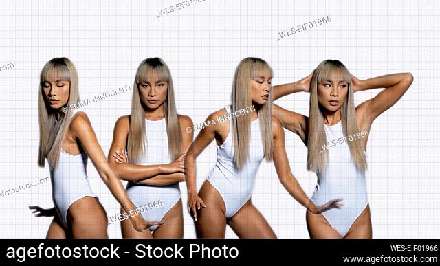 Young woman with blond hair against white grid background