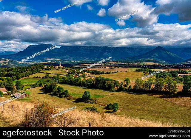 Scenic view on the Trieves valley with the Vercors mountain range near Bourg Saint Maurice village from the top of the Menil mountain, Rhone-Alpes, France