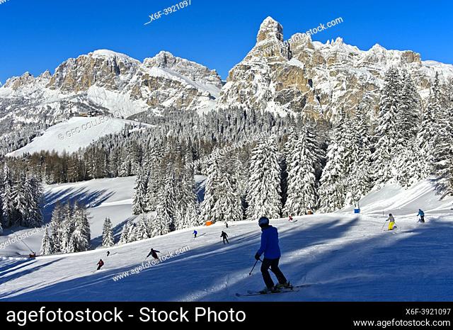 Ski slopes in the La Villa ski area, behind the Sassongher summit, Alta Badia, Dolomites, South Tyrol, Italy