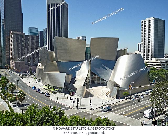 Walt Disney Concert Hall and Downtown Los Angeles. Disney Hall was designed by architect Frank Gehry. Los Angeles, California