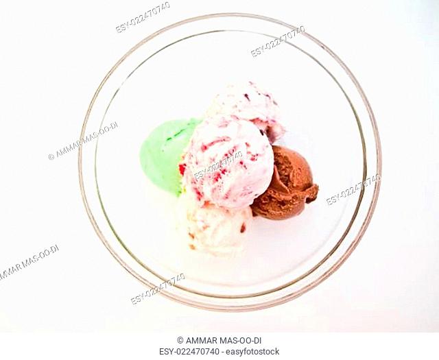 Ice cream in a glass bowl topview isolated on white