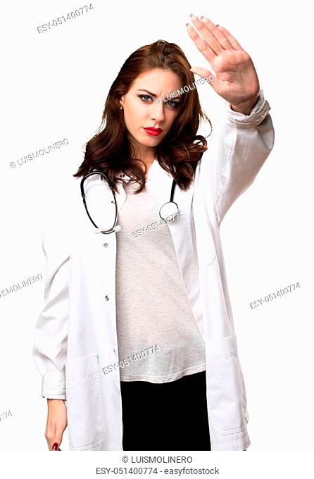 Doctor woman making stop sign
