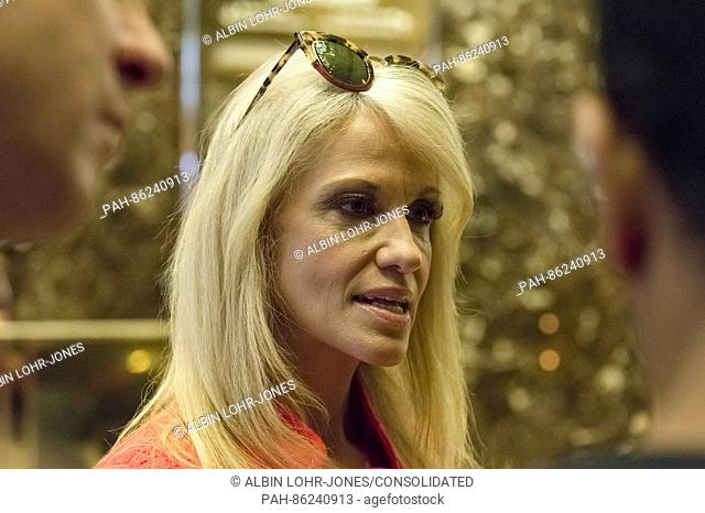 Trump campaign manager Kellyanne Conway speaks with member of the press in the lobby of Trump Tower in New York, USA, 3 December 2016